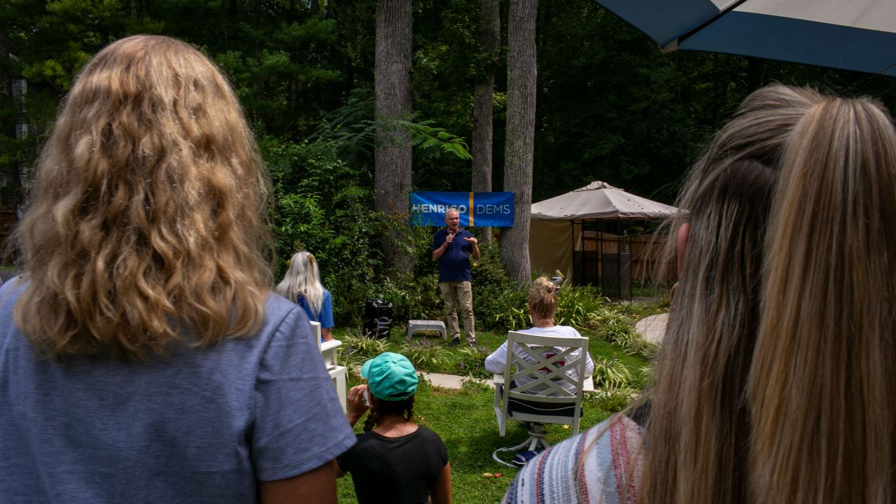 Kaine speaks to the crowd during the backyard rally in Glen Allen, Virginia, on September 9, 2023.