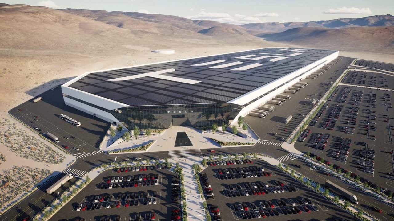 This image shows a Tesla Gigafactory render