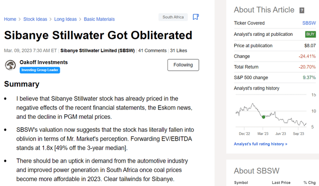 Seeking Alpha, author's previous take on SBSW stock