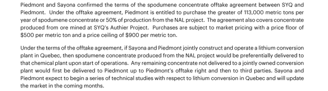 New Terms to the Off-Take Agreement