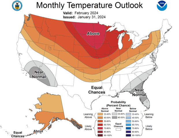 A map of the US from NOAA showing expected temperature deviations from normal for February 2024