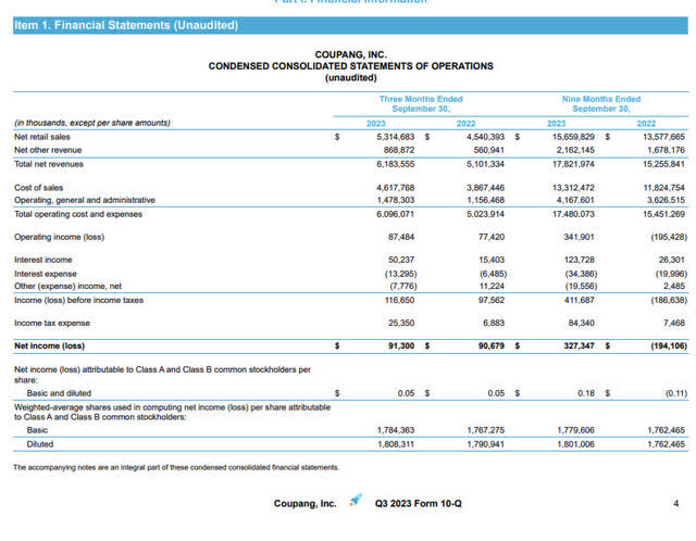 Coupang 10Q revenue segments