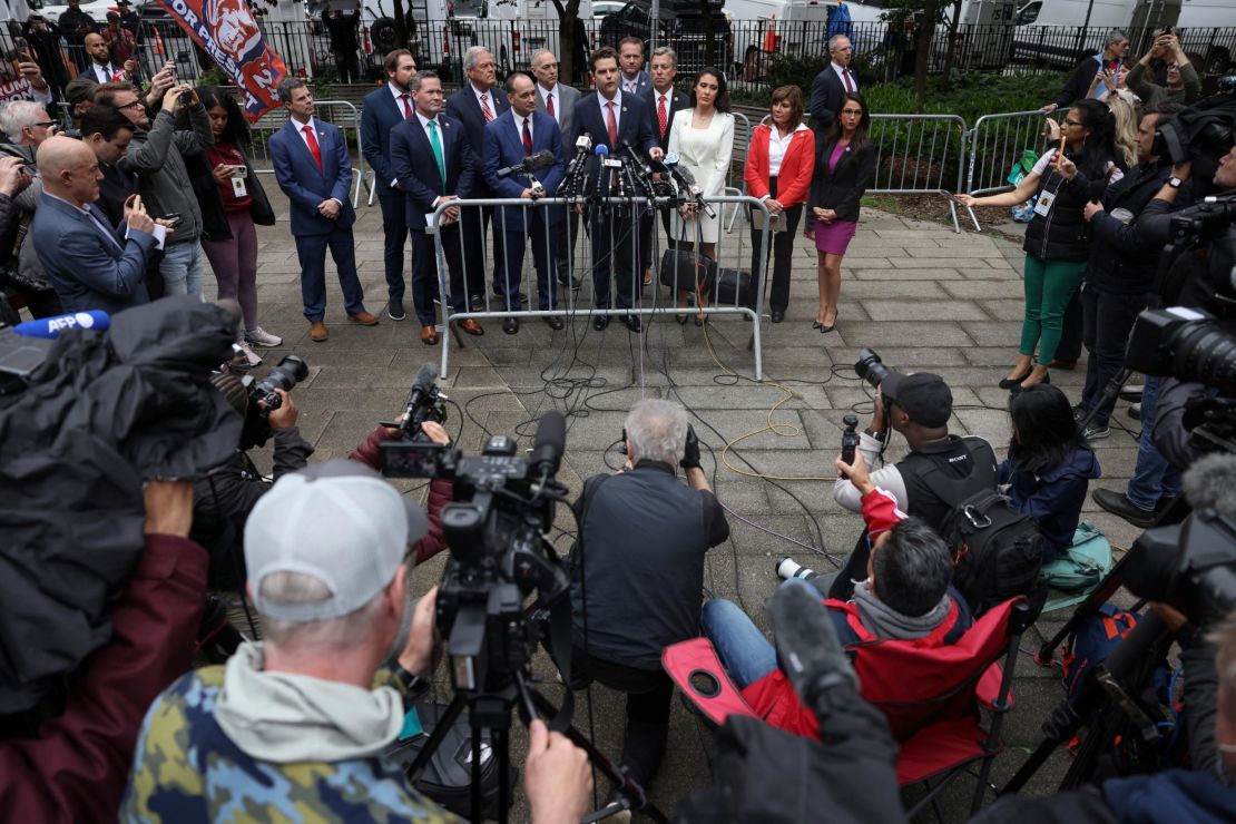 U.S. Representative Matt Gaetz (R-FL) speaks during a press conference after attending the trial of former U.S. President Donald Trump for allegedly covering up hush money payments linked to extramarital affair with Stormy Daniels, at Manhattan Criminal Court in New York City, U.S., May 16, 2024.