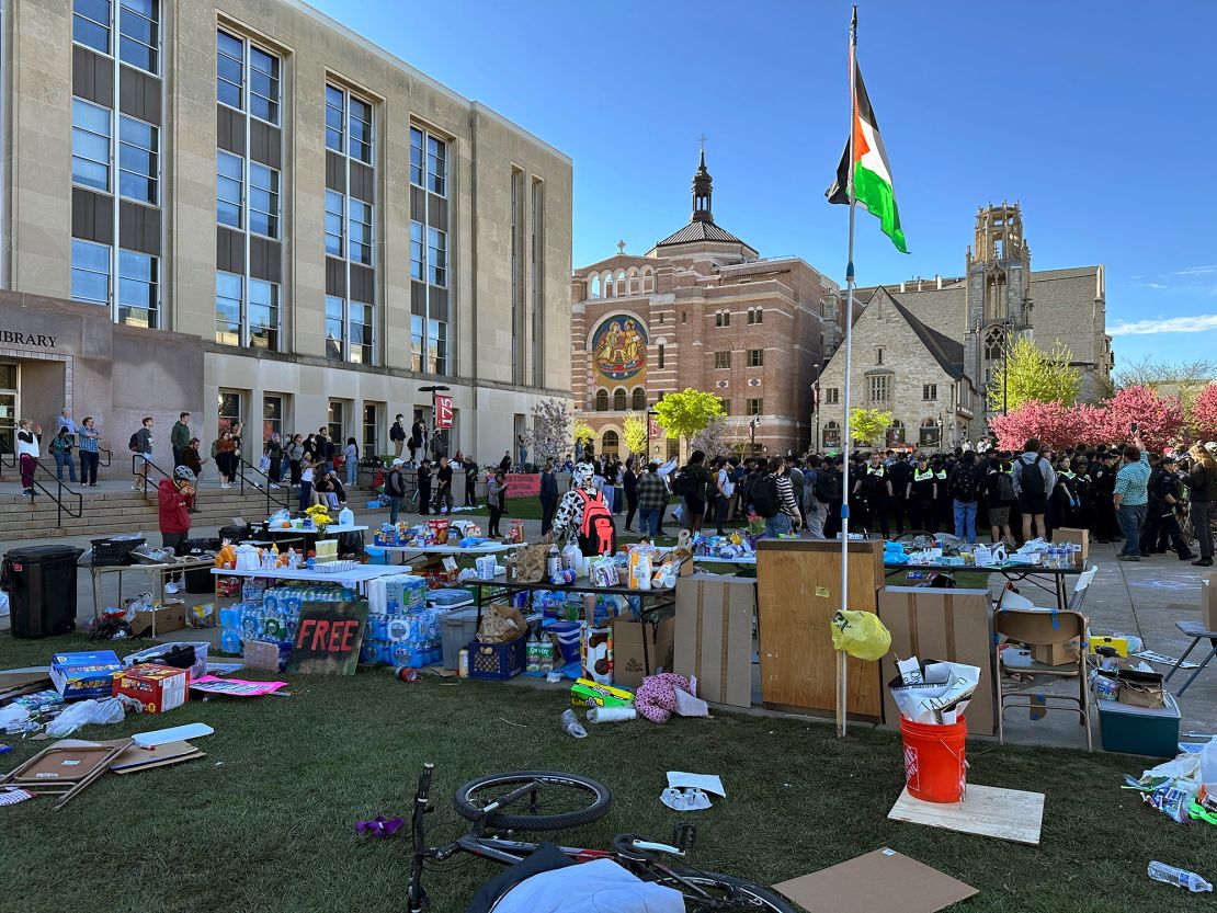 Police start removing tents erected by protesters on the University of Wisconsin, Madison campus on Wednesday, May 1. 